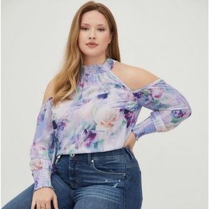 Georgette Smocked Neck Cold Shoulder Blouse